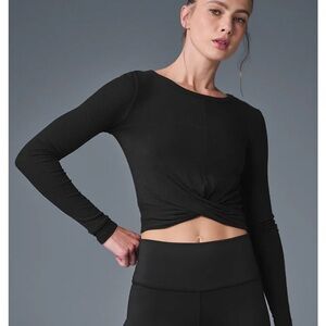 ALO Yoga Black Long Sleeve Tie Front Crop Top